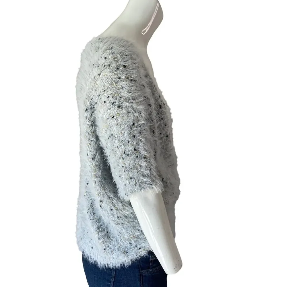 ROFFE Reversible Eyelash Knit Plunge V Neck Short Sleeve Fuzzy Gray Sweater L